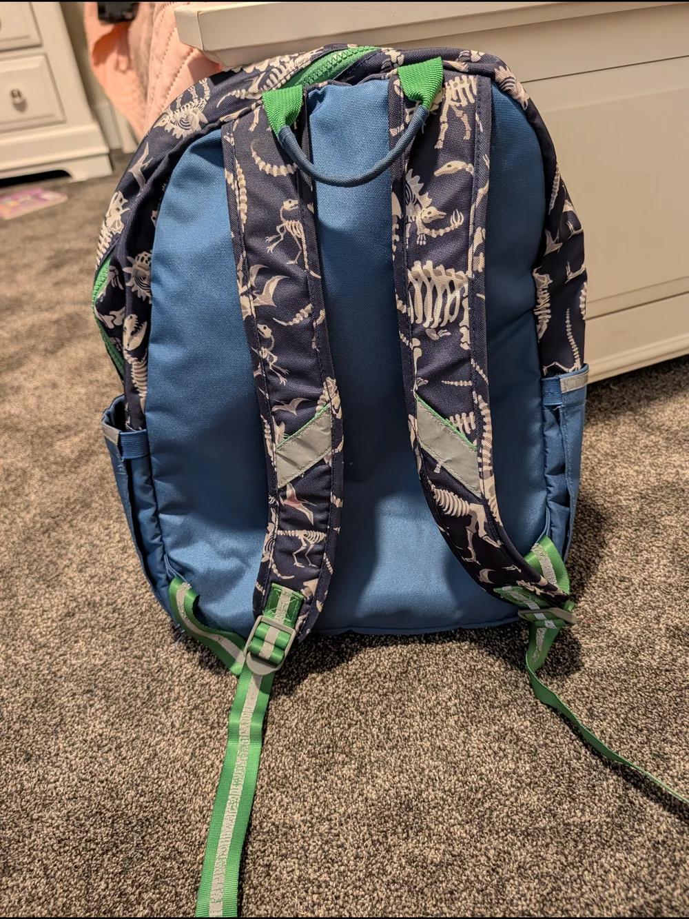 Pottery Barn Kids Navy Dinosaur Print Backpack with Blue Pocket and Green Zipper